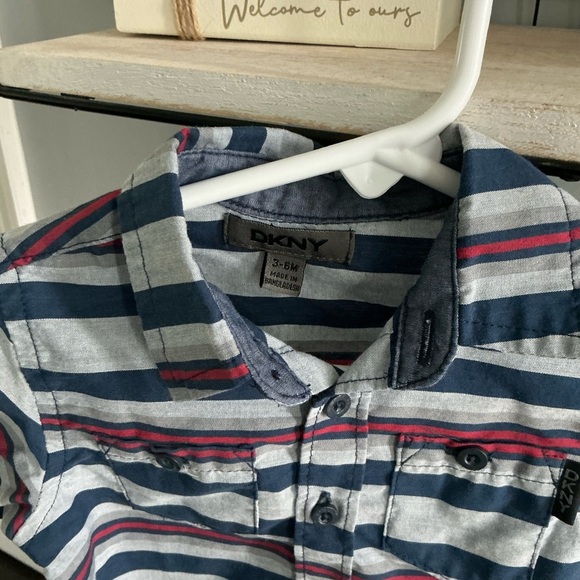 DKNY Blue and Red Button Down Shirt Casual Striped Top - Picture 2 of 3